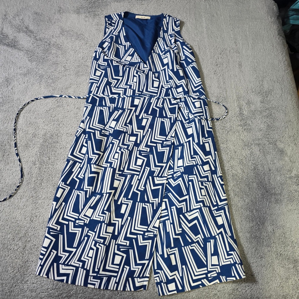 Lark & Ro Womens M Jumpsuit Navy Blue White Geometric Maze Wrap Wide Leg Pockets